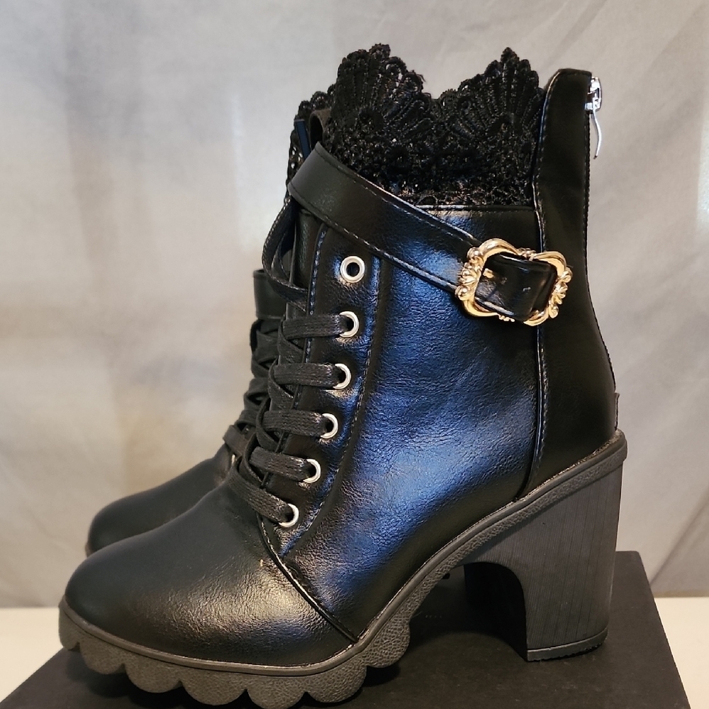 New Black Lace-Up Boots with Gold Buckle